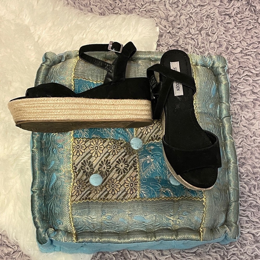 STEVE MADDEN Kianna Espadrille  In Black Suede Wedge Sandal